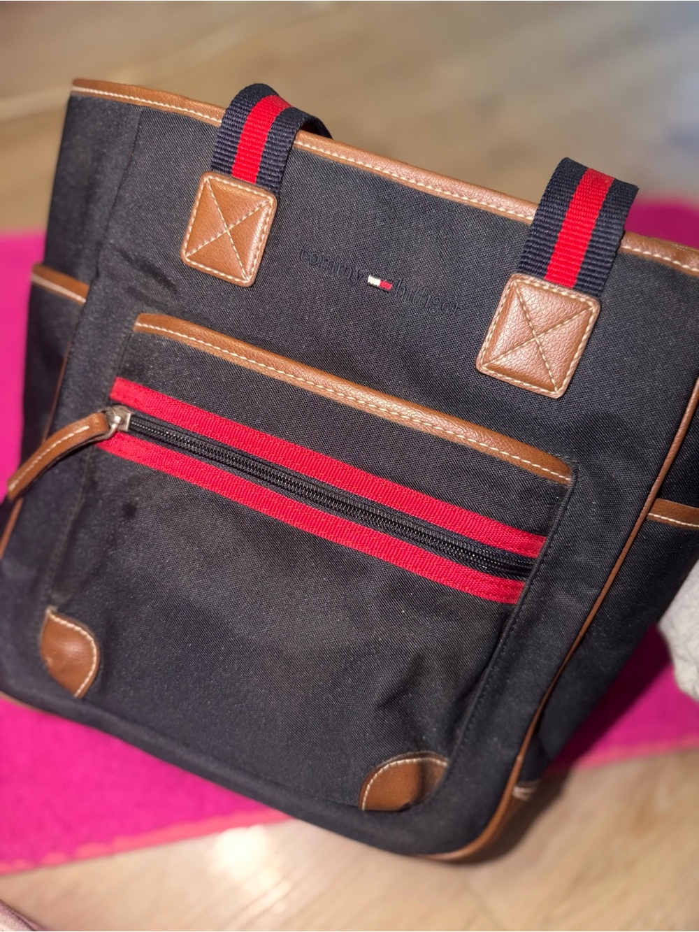 Tommy Hilfiger Black Canvas Backpack Tote with Brown Trim and Red Stripe